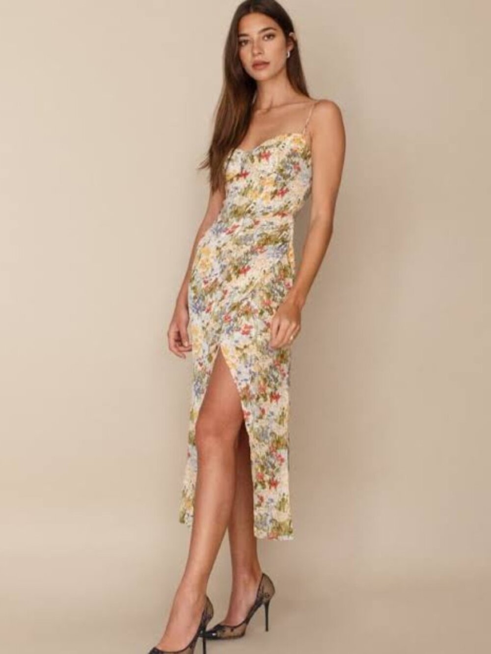 NWOT REFORMATION Kourtney Countryside Floral Tie-Strap Midi Dress - 4 - Yellow